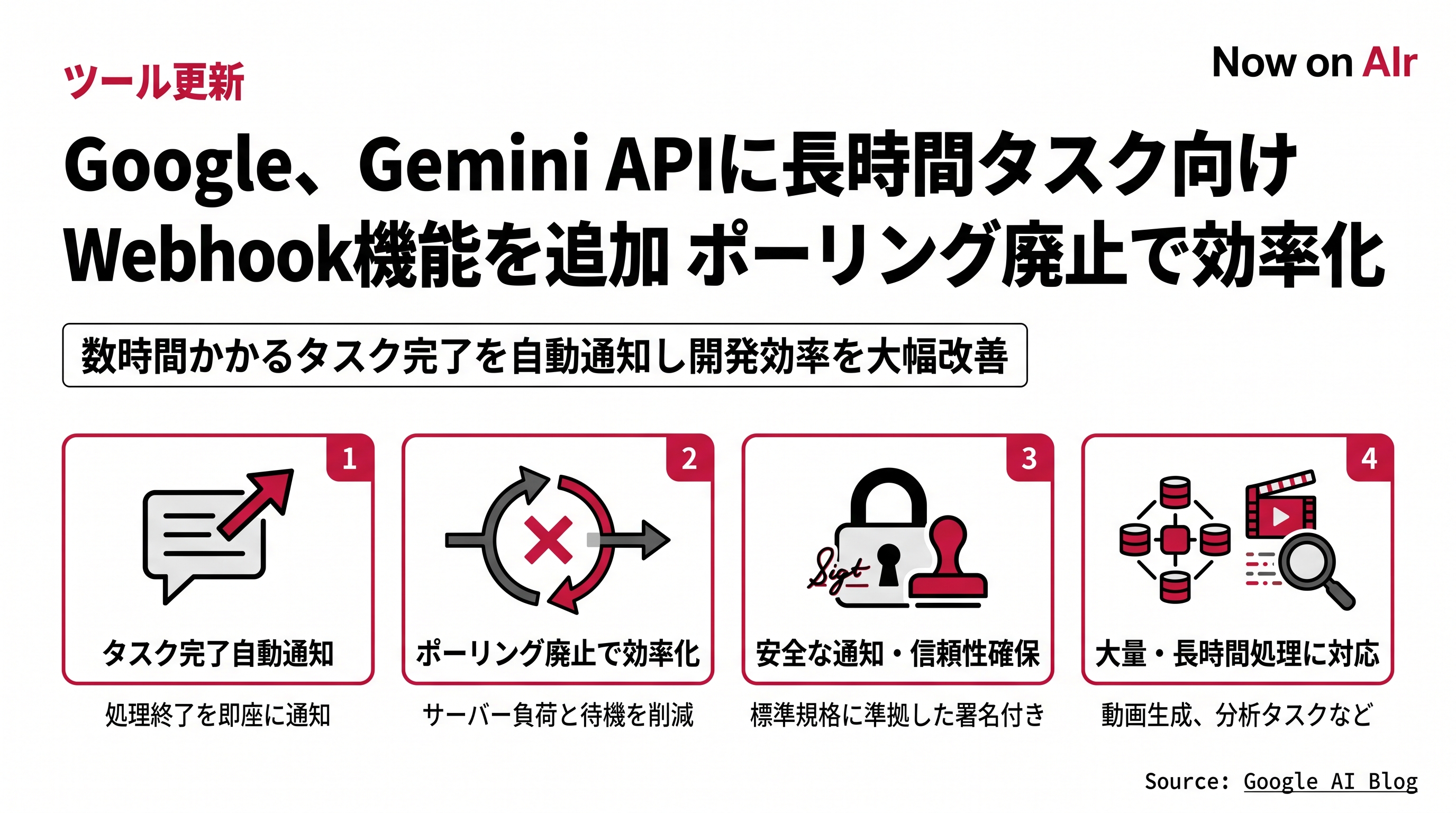 Google、Gemini APIに長時間タスク向けWebhook機能を追加　ポーリング廃止で効率化