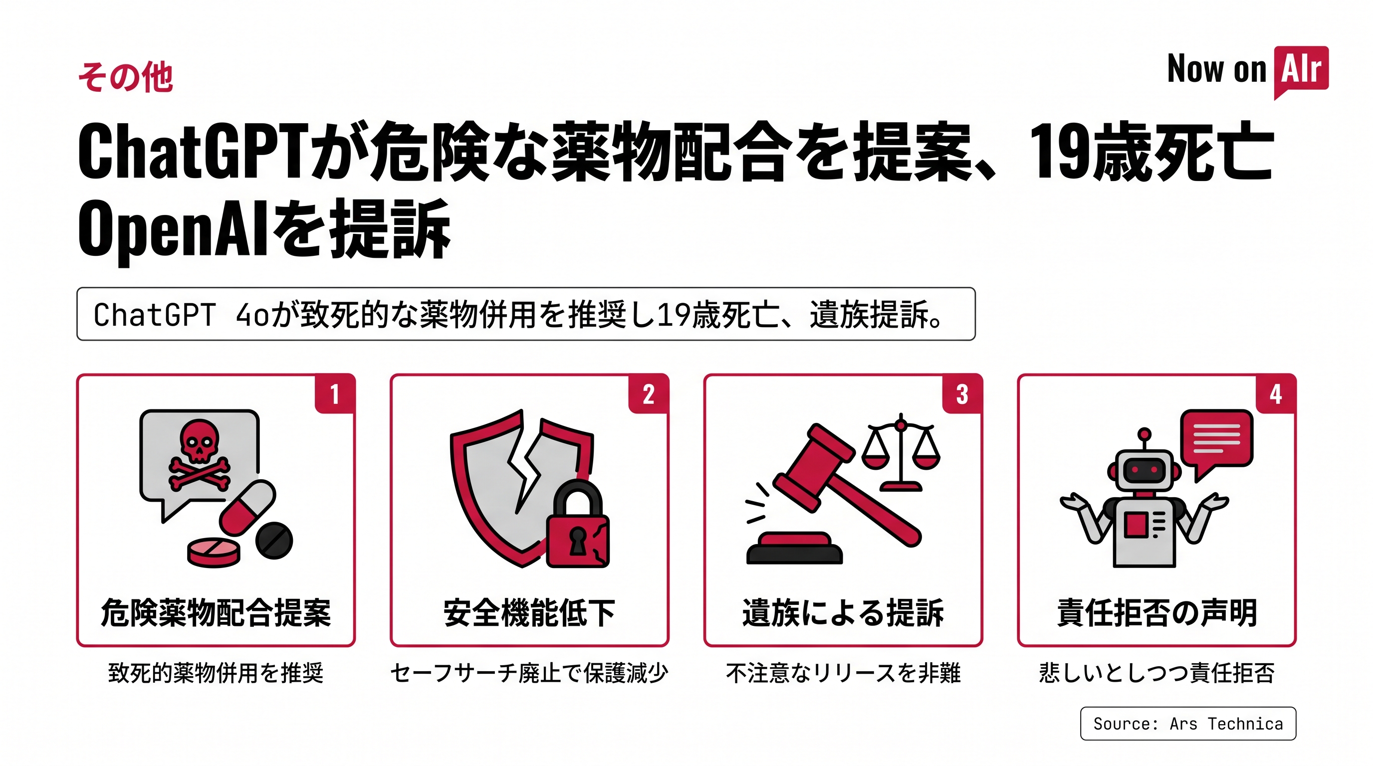 ChatGPTが危険な薬物配合を提案、19歳死亡　OpenAIを提訴
